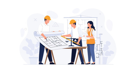 Fototapeta premium Architects and Engineers Collaborating on Blueprints, Discussing Construction Project Details