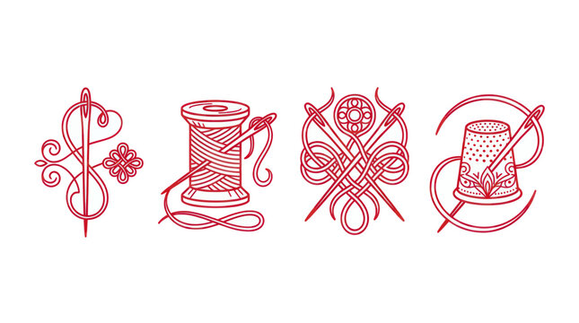 Ornamental sewing icons with needle thread spool and thimble