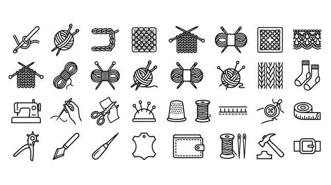 Knitting sewing and leatherwork craft line icon set