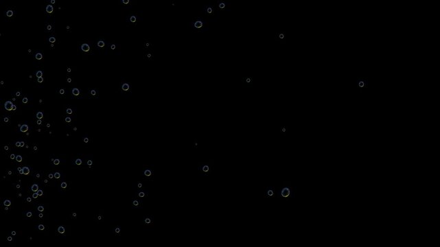 Front view of bubbles rising on black background, closeup different soap bubbles, motion many water bubbles floating and falling out of screen, underwater bubbles motion graphics, seamless animation,