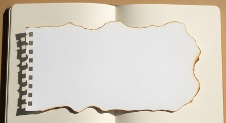 Fototapeta premium Piece of ripped and burnt white paper with perforated edge placed on open notebook, bright lighting creates shadows.