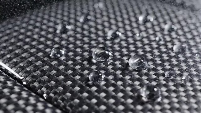 Close-up of water droplets falling onto a textured carbon fiber surface
