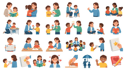 Fototapeta premium Children learning vector illustration collection featuring reading writing drawing teamwork classroom participation and educational development in flat style.