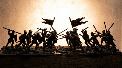 Fototapeta premium A Medieval Battle Diorama: Silhouetted against a warm, luminous background, a meticulously crafted diorama depicts a fierce medieval battle scene with armored knights clashing with swords and spears.
