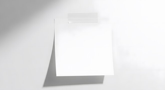 Single blank square paper note attached with clear adhesive tape on white wall with dark drop shadow for office memo or reminder board display layout.