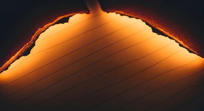 Close up shot of dark charred edge on lined notebook paper illuminated by glowing firelight creating dramatic orange atmospheric border frame background.