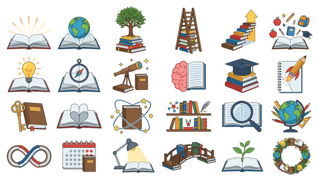 Education and learning icon set with books globe graduation symbols science tools classroom objects and academic resources. Colorful vector illustration collection.