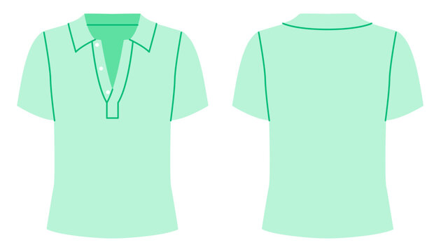 Mint open collar polo shirt with relaxed neckline, short sleeves and clean silhouette with minimal seams and smooth construction. Technical fashion illustration in flat color, front back views. Vector