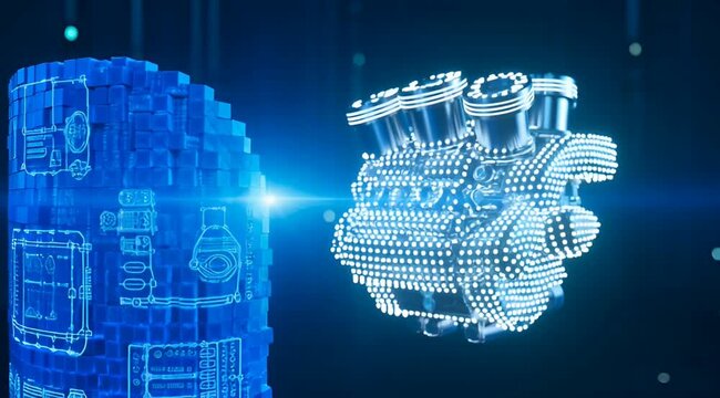 Futuristic digital engine construction concept featuring a glowing holographic combustion motor assembly emerging from a