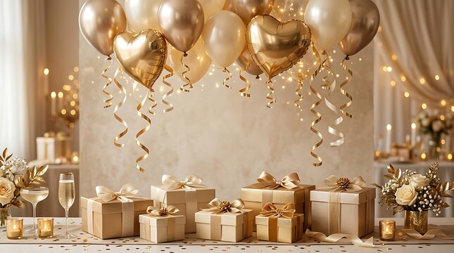 Elegant gold birthday background with balloons and gifts for celebrations