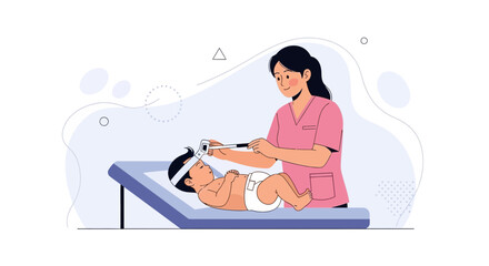 Obraz premium Pediatrician examining baby with otoscope on examination table, vector illustration of healthcare and medical checkup.