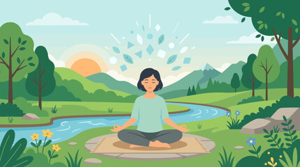 Obraz premium Woman meditating peacefully in a serene natural landscape at sunrise