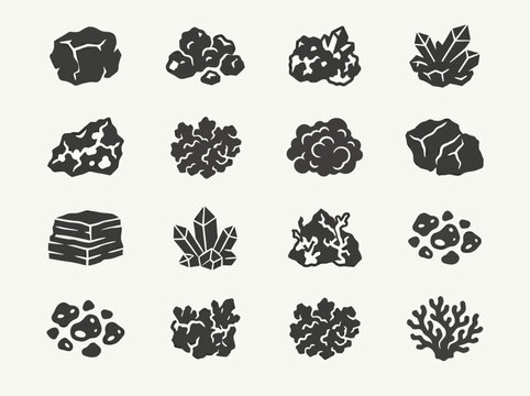 Flat minimal vector icon set of 12 ore and mineral types: coal lump, iron ore, copper ore, gold ore, bauxite, nickel ore, limestone, quartz rock, silver ore, phosphate rock, zinc ore, rare earth rock