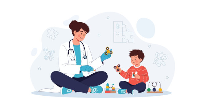 Pediatrician interacts with a child patient, playing with fidget spinners and toys, creating a friendly doctor-patient relationship.