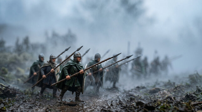 Viking Warriors Marching Through Mist: A band of fierce Viking warriors, clad in chainmail and holding spears, advance through a dense, misty landscape.