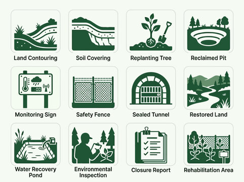 Flat minimal vector icon set of 12 mine closure and reclamation elements: land contouring, soil covering, replanting tree, reclaimed pit, monitoring sign, safety fence, sealed tunnel, restored land