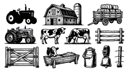 Obraz premium Retro Agriculture Landscape and Livestock Farming Element Set