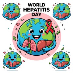 Fototapeta premium World Hepatitis Day illustration, cute cartoon earth character holding liver and lungs, medical awareness campaign graphic with red ribbon and hearts