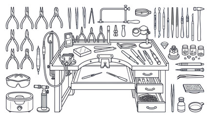 Fototapeta premium Professional jewelry making workbench and goldsmith tool set
