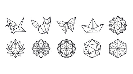 Origami paper craft animals and geometric polyhedral icons set