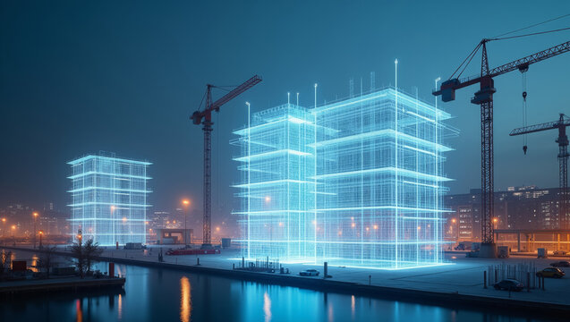 Futuristic digital blueprint of buildings under construction with cranes at night