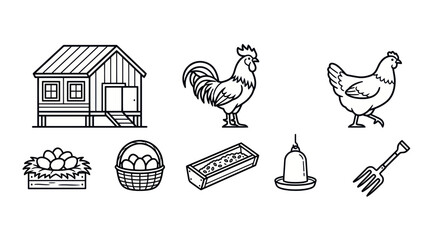 Poultry farming icons featuring rooster hen coop and fresh eggs © Ardhyapananisedu