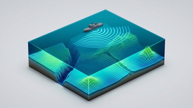 Underwater topography grid map with sea trenches and ocean mountains 3D