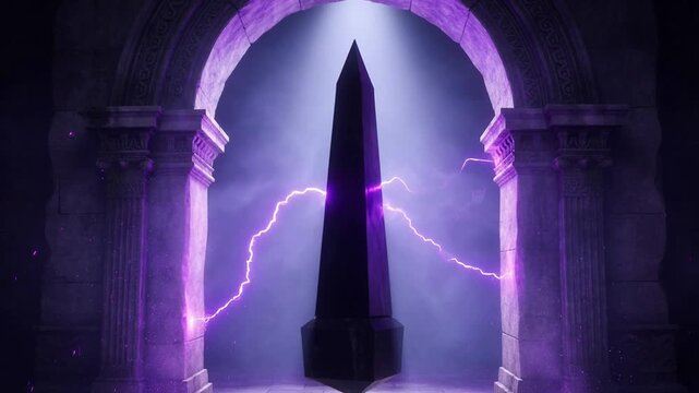 Ancient stone obelisk emitting magical purple electrical energy inside a dark gothic cathedral archway mysterious monolith with