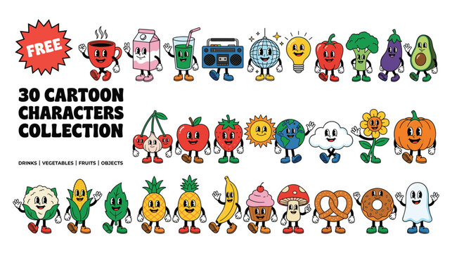 Vintage cartoon character collection with retro food drinks and objects in rubber hose art.