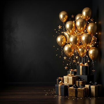 Elegant birthday background with gold balloons and gift boxes