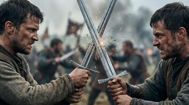 Battle of Swords: Two weathered warriors clash in a fierce duel, their swords locked in a dramatic duel, sparks flying amidst the chaos of a medieval battlefield.