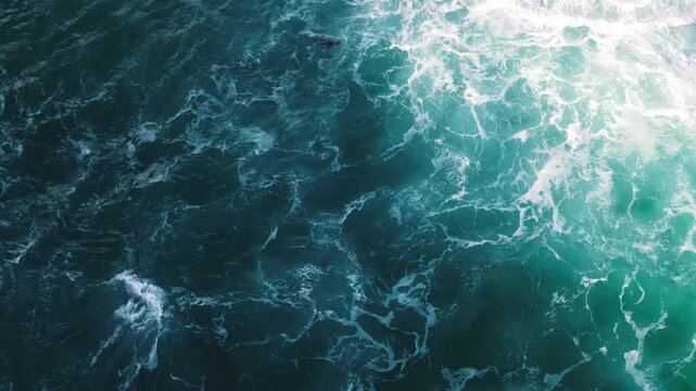 Aerial view of crashing turquoise ocean waves with white sea foam in Cornwall, England, United Kingdom.
