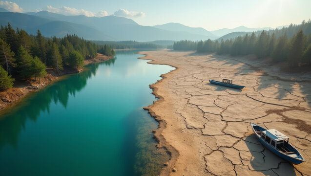 Drought-stricken landscape with boats stranded on cracked dry earth beside a receding lake