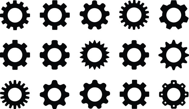 Collection of 15 simple gear and cogwheel silhouette icons featuring classic mechanical gears, industrial cogs, engineering symbols, machine components, and automation elements.
