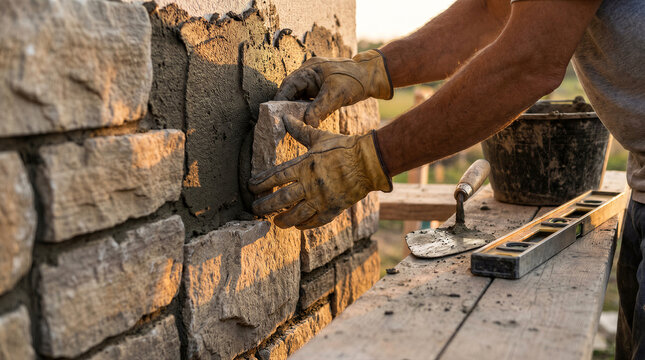 Stonemason installing natural stone veneer on a wall with mortar, closeup of hands in work gloves, construction site at sunset