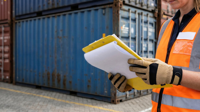 A female logistics worker wearing a highvisibility vest and protective gloves holds a yellow clipboard with blank paper in a shipping yard