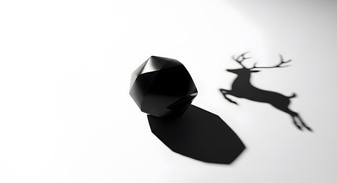 Black geometric faceted stone casting shadow shaped like running deer on white surface creative concept of hidden potential and inner animal spirit.