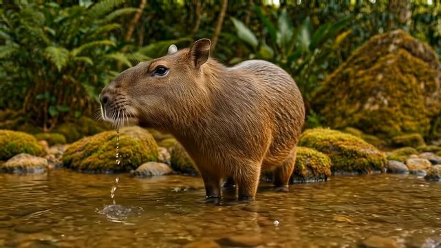 Capybara standing in shallow forest stream drinking water surrounded by lush green tropical vegetation and mossy rocks in