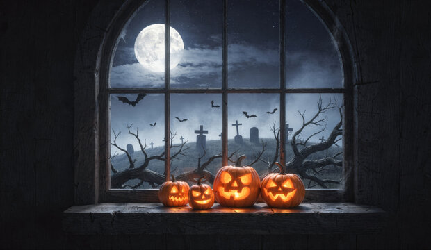Glowing Halloween jack-o-lanterns on window sill with full moon and spooky graveyard