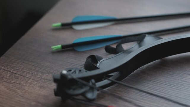Close-up of compound bow and arrow