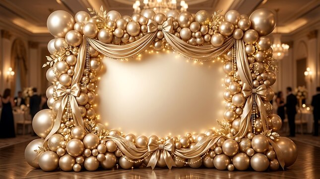Luxury gold birthday background with balloons and drapes for event decoration