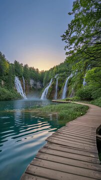 Beautiful waterfalls in Plitvice Lakes National Park with a curved wooden boardwalk pathway over crystal clear turquoise water at sunset, Croatia