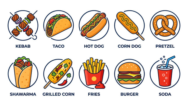 Street food and snack icons in circular frames.