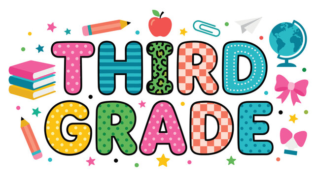 Third grade lettering with school supplies elements for back to school classroom decoration.