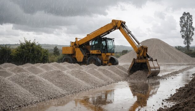 Industrial stacker smoothly arranging corrective material windrows in a raw material mixing yard with heavy machinery and overcast weather.