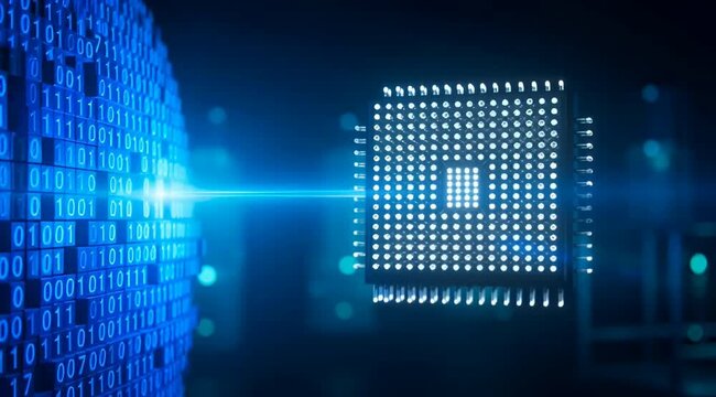Futuristic digital microprocessor chip processing binary code data stream glowing blue sphere abstract network connection tech