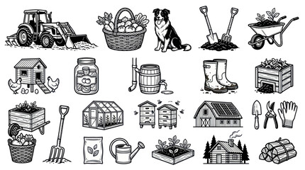 Farm and gardening elements collection with tractor tools and barn © askew