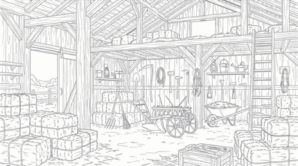 Rustic wooden barn interior with farm tools and hay bales © askew