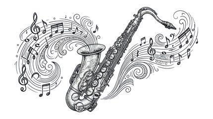 Vintage saxophone with flowing musical notes and swirling ornaments © askew