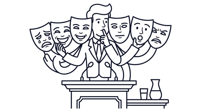 Business man at podium holding many theater masks symbolizing deceit and fake personality.